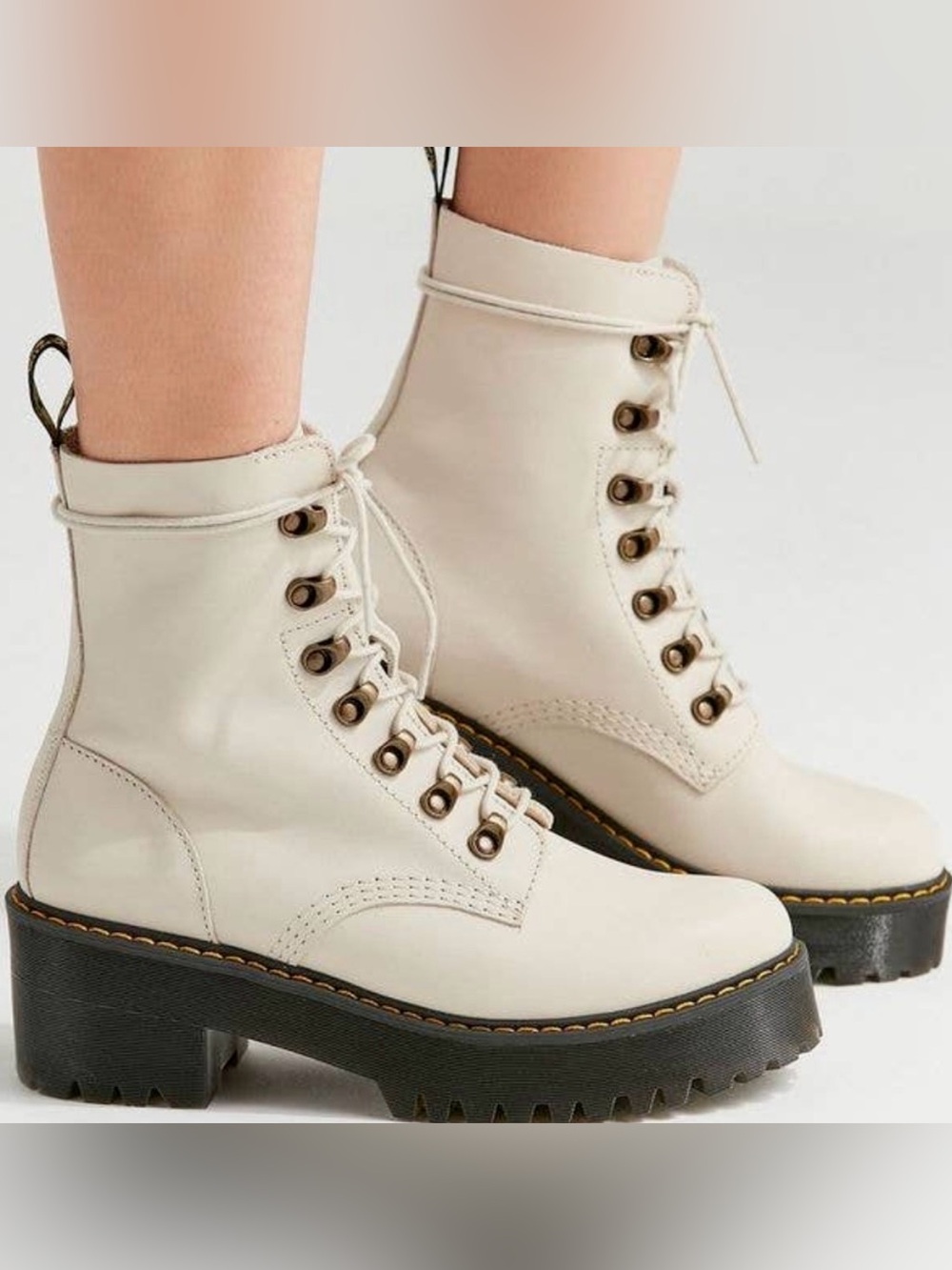 Dr. Martens Leona Temperley Leather Heeled Boots in Bone. Women Size 8. EU 39.